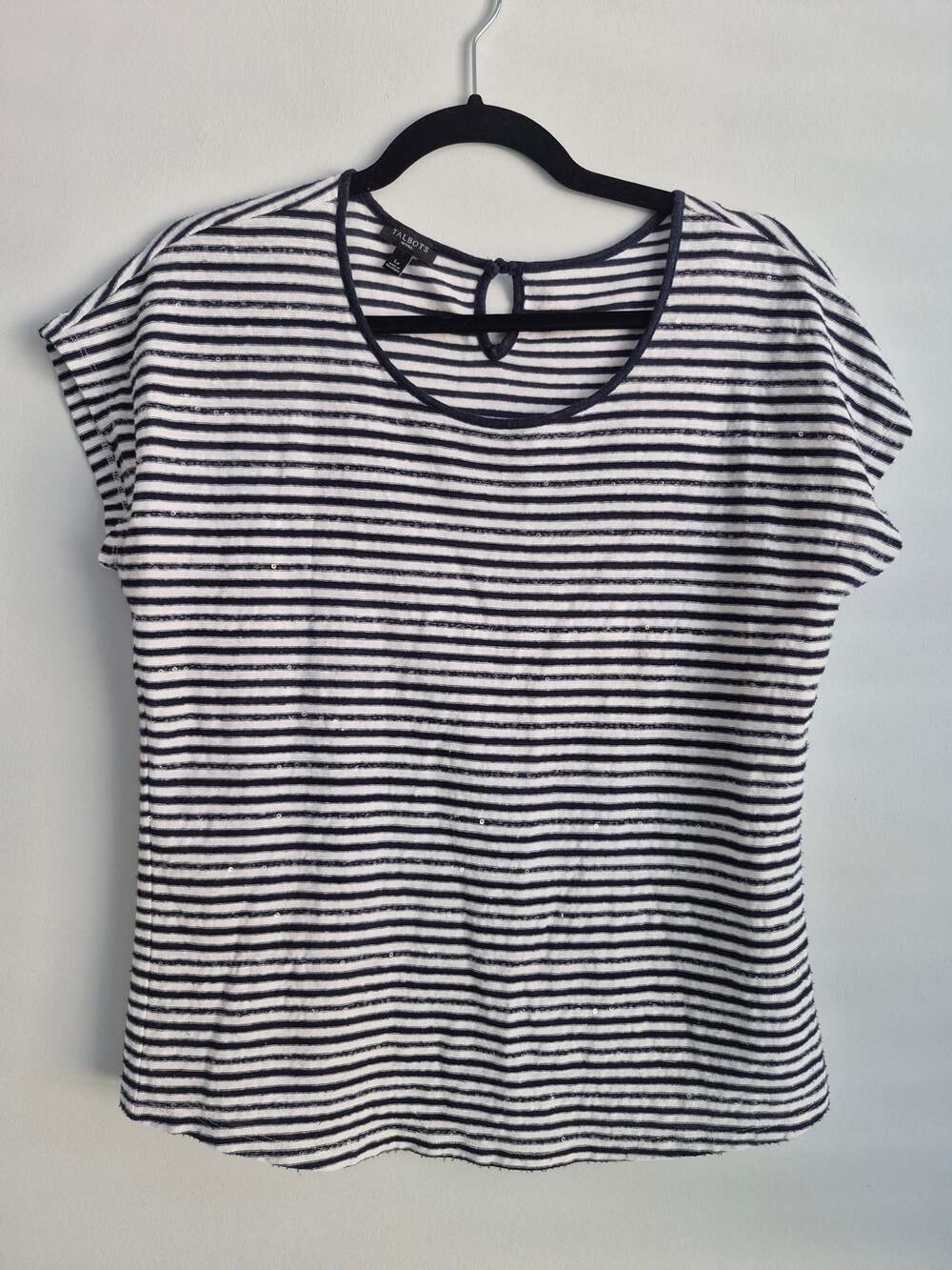 Talbots Petites Navy White Striped Sequined Top LP Nautical Short Sleeve